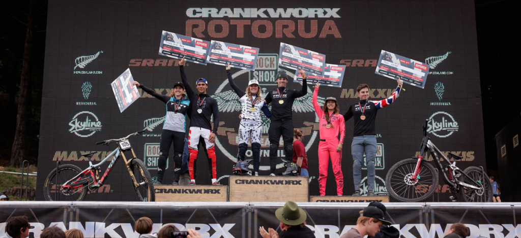2025 Crankworx Rotorua RockShox Kārearea Downhill Podium Blog Header (c) Clint Trahan